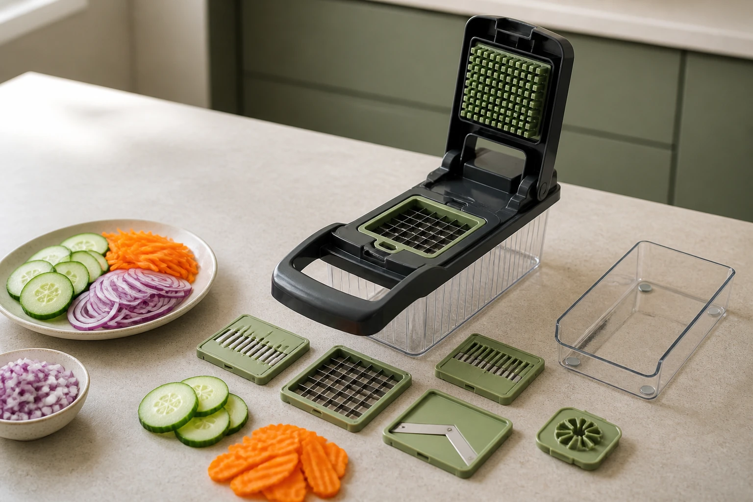 Illustration of a manual vegetable chopper and separate cutting inserts laid out for review