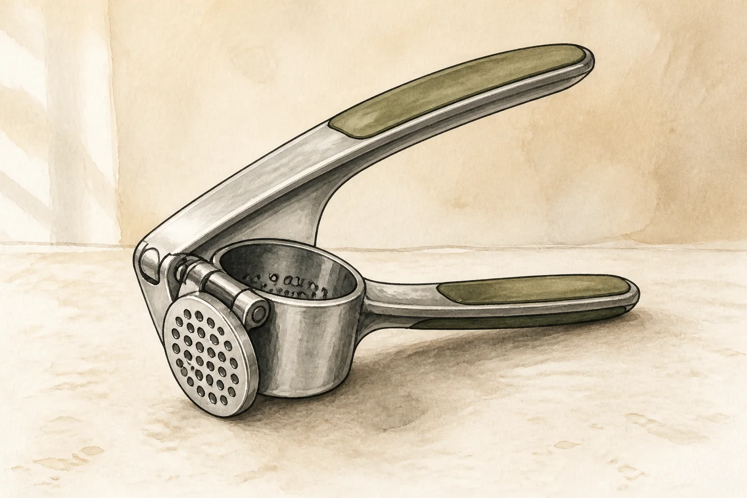 AI-generated editorial illustration of a generic hinged garlic press
