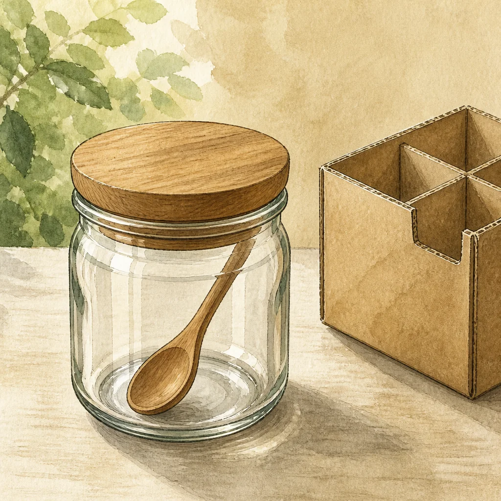 AI-generated editorial illustration of a generic glass condiment jar and carton divider