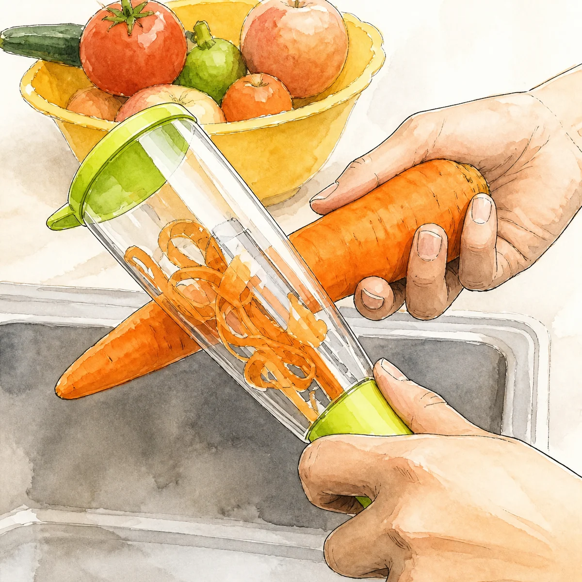 Watercolor illustration of a generic peeler with transparent collection chamber