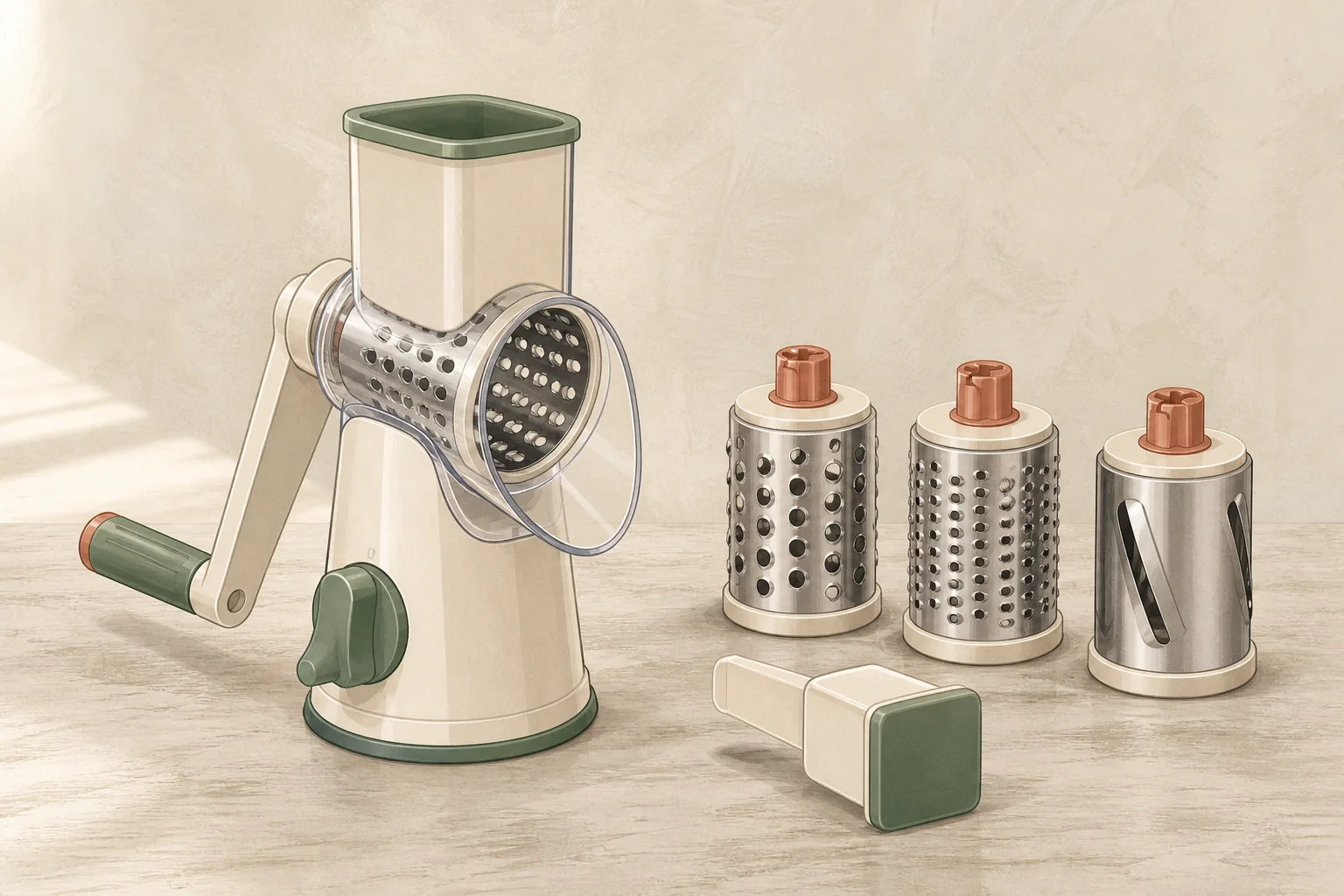 Generated illustration of a generic manual drum grater and interchangeable drums