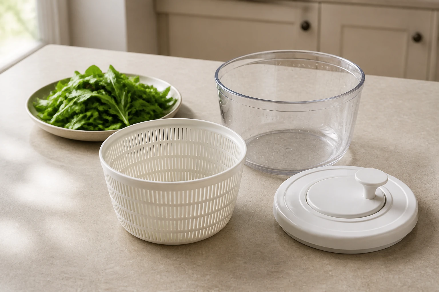 Illustration of an unbranded salad spinner lid, removable basket and outer bowl