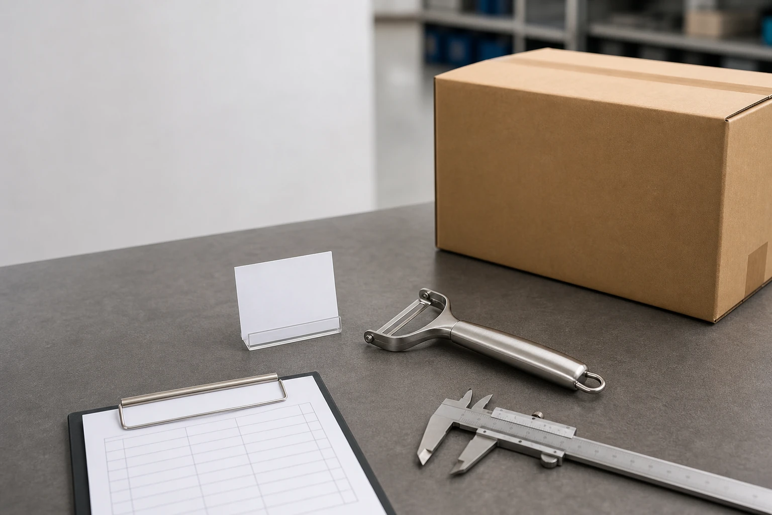 Illustration of a generic kitchen tool sample, inspection card, caliper and export carton on a quality-control worktable