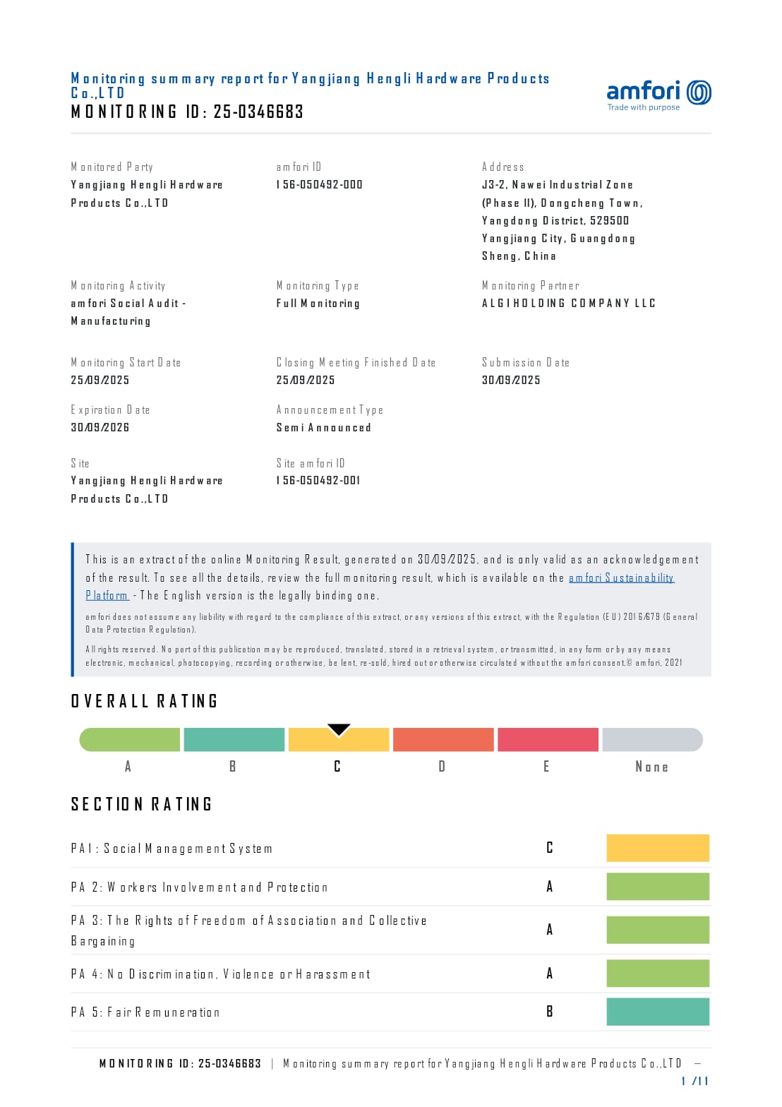 First page of the amfori BSCI monitoring summary for Yangjiang Hengli Hardware Products Co., LTD