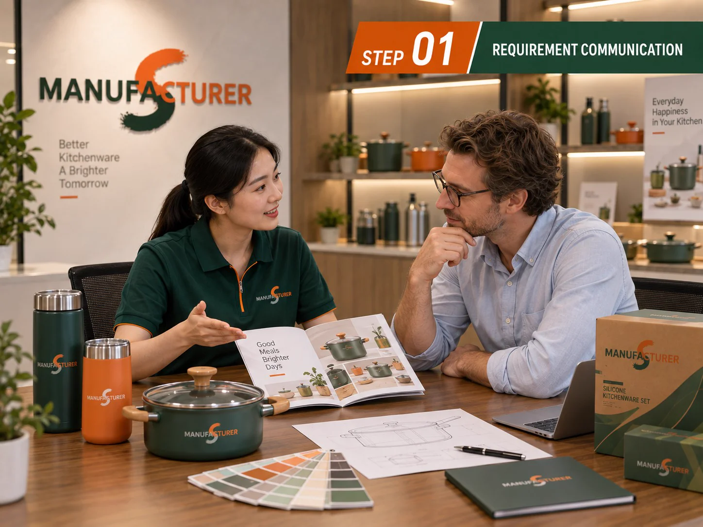 Discussing kitchenware branding and logo requirements