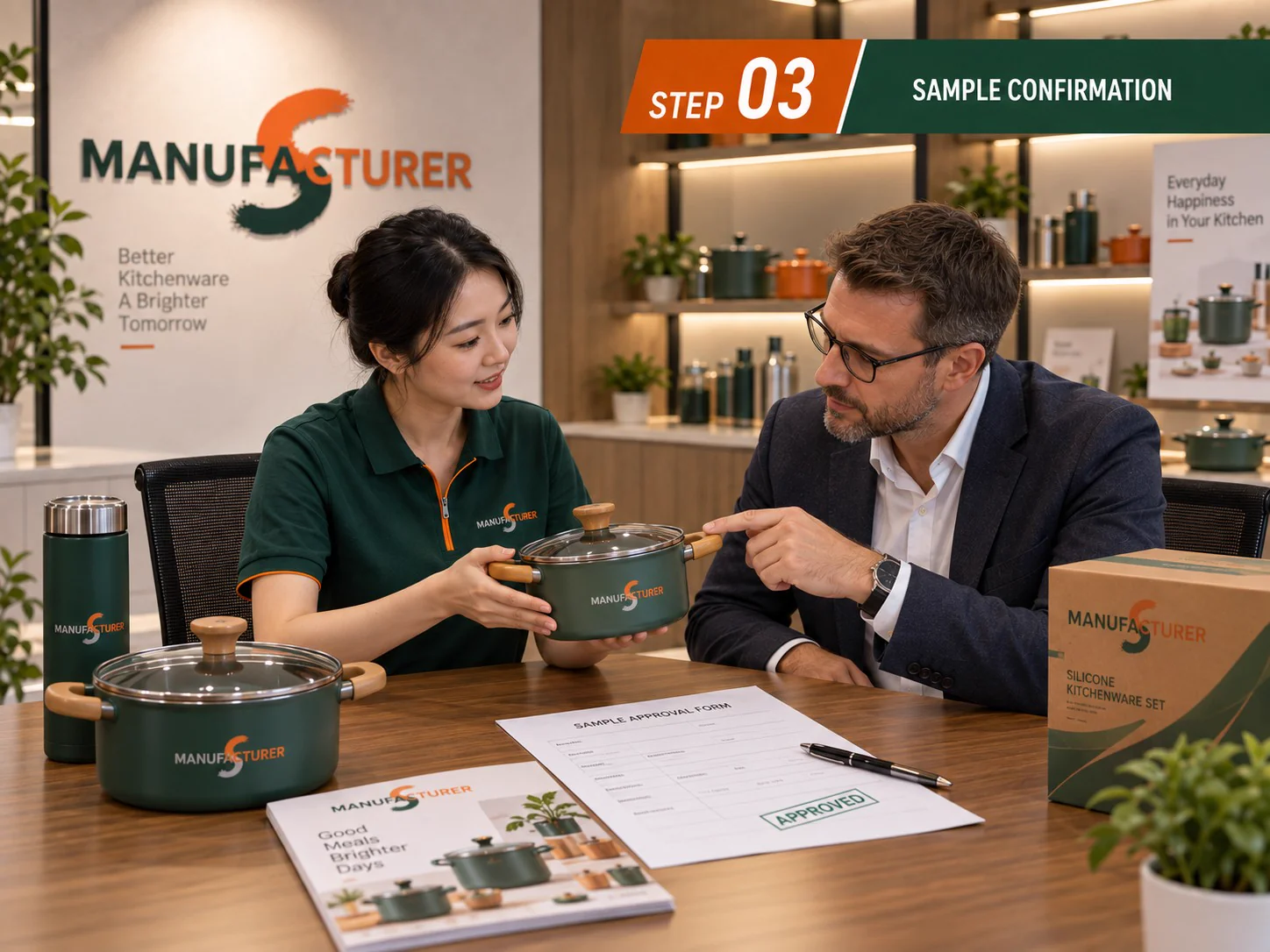 Checking a cookware sample before bulk-order approval