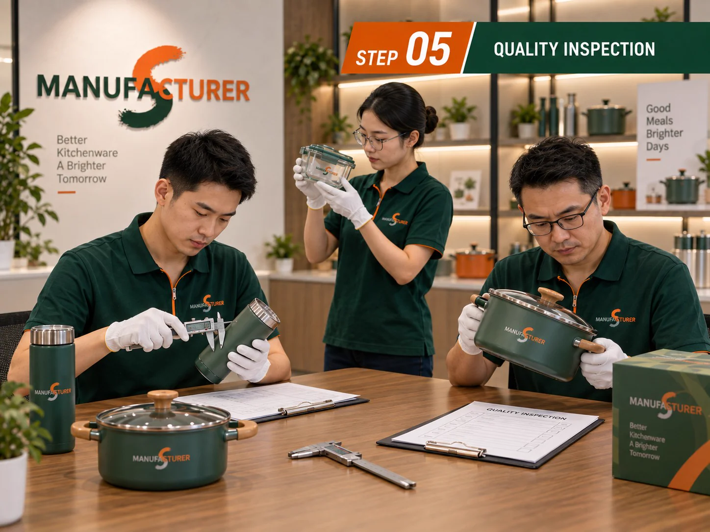 Inspecting kitchenware dimensions, finish and assembly