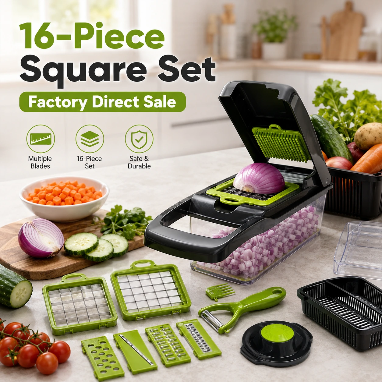 Hehui 16-piece square manual vegetable chopper with accessories