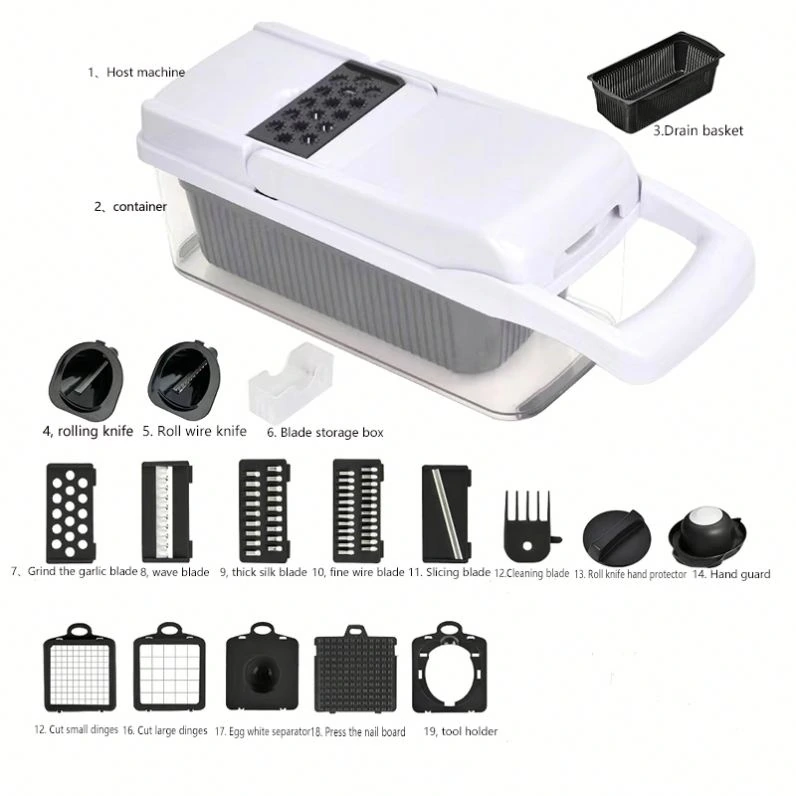 Seller component layout for manual vegetable cutter and inserts