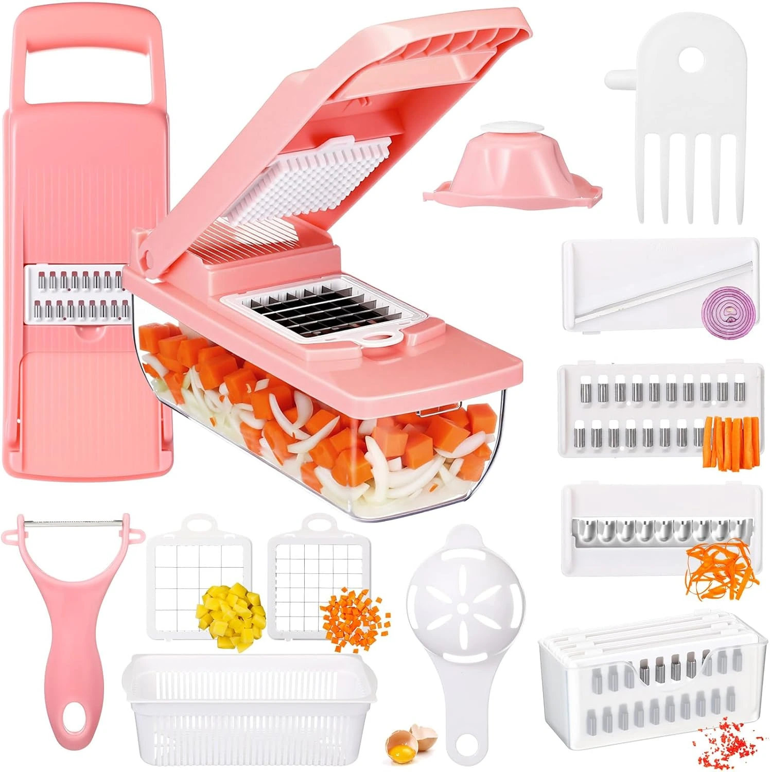 Pink 15-in-1 manual vegetable chopper with blades, basket and collection container