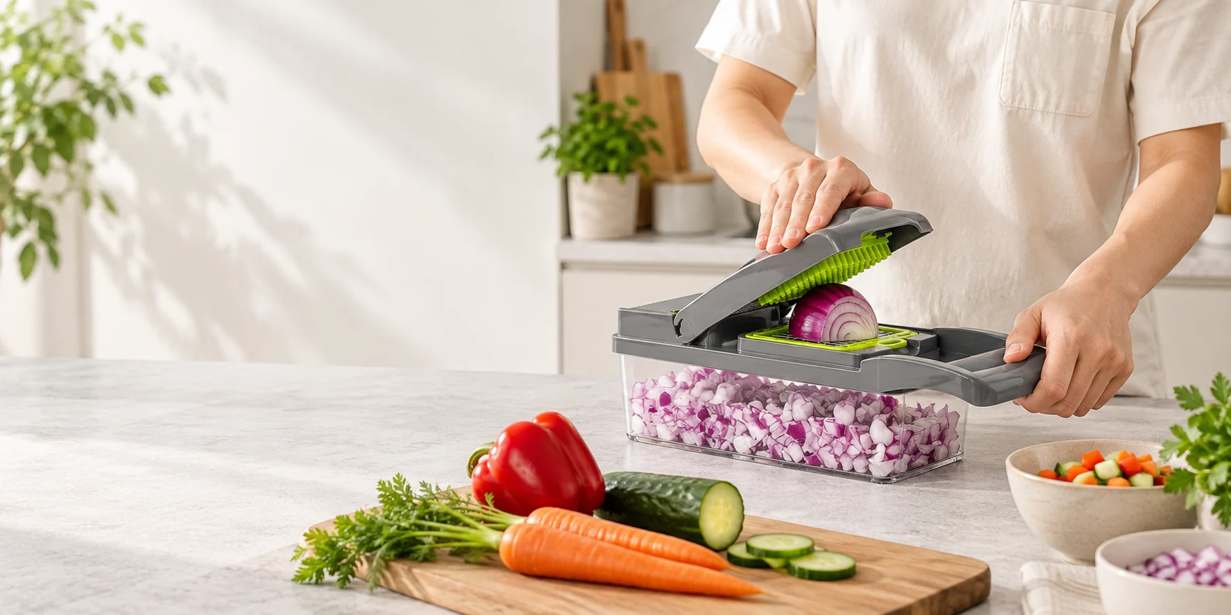 Illustrative kitchen scene of an adult using a gray and green vegetable chopper to prepare red onion